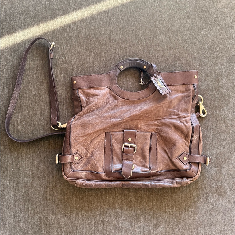 Brown/Grey L.A.M.B. Leather Tote Bag with Strap